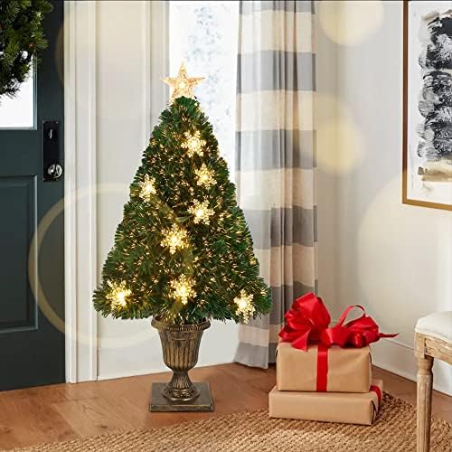 Juegoal 3 ft עץ חג מולד מלאכותי לפני מואר, עץ כניסה לסיבים אופטיים מוארים בבסיס כד זהב עם אורות, 8 מצבי תאורה,