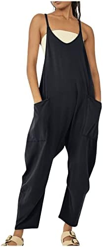סרבל באגי רופף מזדמן לנשים עם כיסים סרבל מכנסיים ארוכים קלע חליפת משחק בוהו הדפסת רומפרס מוצק