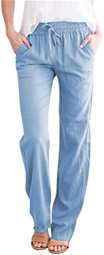 מכנסי פשתן כותנה של Dsodan לנשים, משיכת מכנסי קיץ מותניים גבוהים באלסטיים מכנסי אופנה נוחים