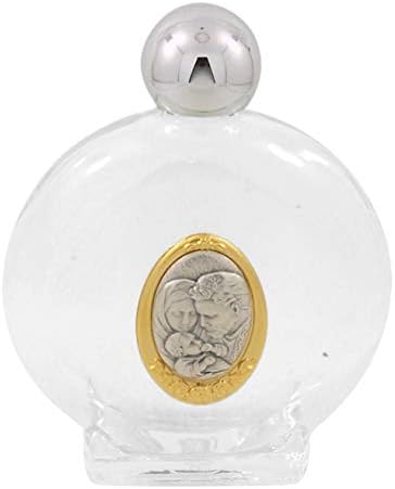 בקבוק מים קדושים זכוכית עם כובע גווני כסף ותיאור דו-גזעי של המשפחה הקדושה, 4 פלוז