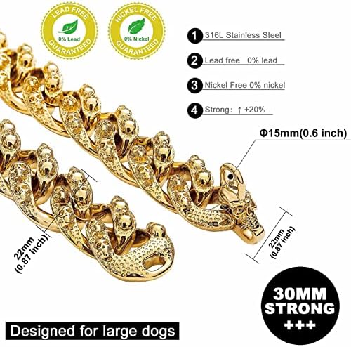 שרשרת כלבים צווארון שרשרת זהב צווארון כלבים גילוף דפוס גולגולות מגניבות, 18K שרשרת קישור נירוסטה 30 ממ שרשרת היפ