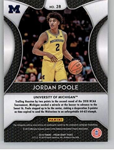 2019-20 Panini Prizm Draft 28 Jordan Poole RC טירון מישיגן וולברינס כרטיס מסחר בכדורסל