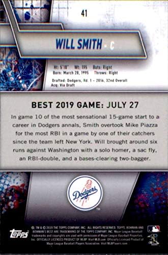 2019 הטוב ביותר של באומן 41 וויל סמית 'לוס אנג'לס דודג'רס טירון כרטיס בייסבול