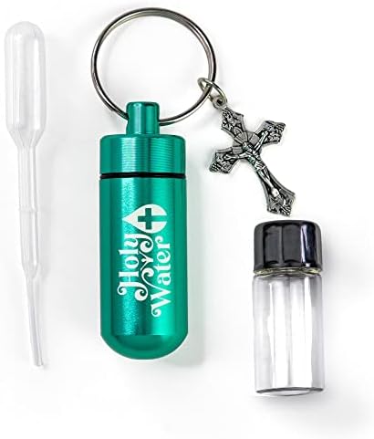 בקבוק מים קדושים קתוליים, ערכת מיכל של מחזיק מפתחות טורקיז עם עיניים מפלסטיק ובקבוקון זכוכית קטן עם מחזיק