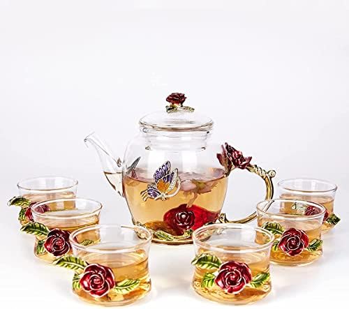 סט קומקום זכוכית עם 6 כוס מפוארת, פרחי פרחים ורדים סט תה כוס קטן לנשים מבוגרות, קומקום תה זכוכית, סט תה מהודר למסיבת