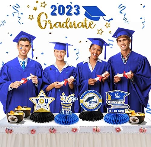 2023 קישוטי מסיבת סיום, סיום סיום כחול וזהב מרכזי שולחן לשולחן עבור כיתה של 2023- ציוד מסיבות סיום ברכות קישוטי