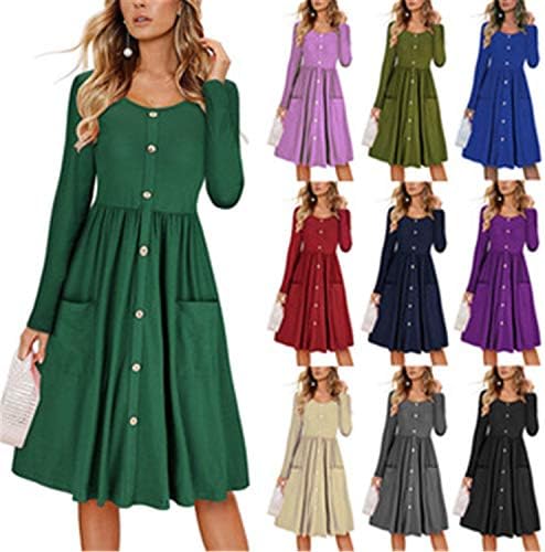 שמלות ארוכות לנשים בצבע אחיד שרוול ארוך צוואר צוות כפתור למטה אונליין מזדמן לבוש עם כיסים