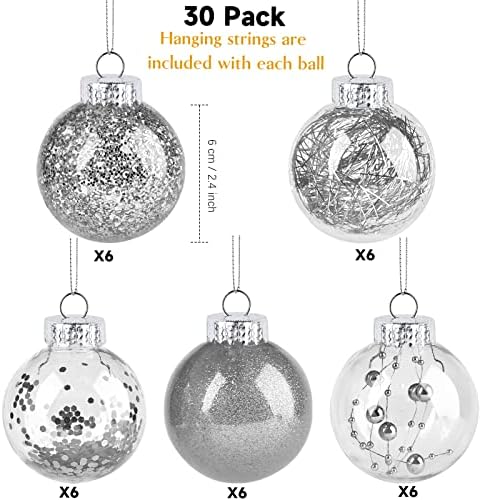 30 יח 'קישוטי כדור חג המולד - קישוטי כדור פלסטיק ברורים בגודל 2.4 אינץ'.