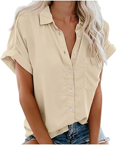 נשים חולצה קיץ מוצק דש צווארון חולצות קצר שרוול כפתור למטה טי חולצות עם כיס בתוספת גודל רופף חולצות