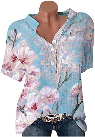 נשים פשתן כותנה צמרות כפתור שרוול קצר בקיץ מטה חולצות קיץ טייז מודפסים פרחוניים חולצות מזדמנים רופפות עם כיסים