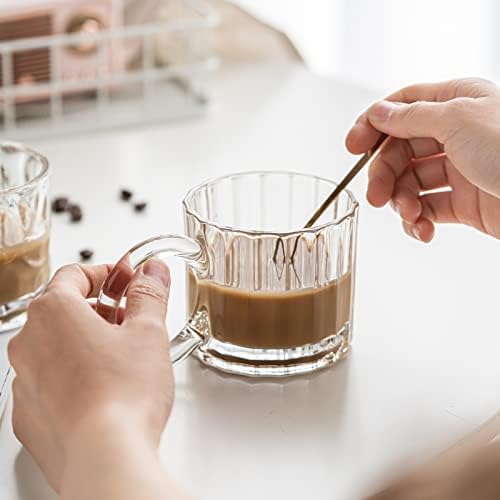 כוסות אספרסו הולאג 'יה ספלי קפה מזכוכית סט 8.4 עוז של 2, כוסות תה מובלטות ברורות,כלי זכוכית וינטג' עם ידית,
