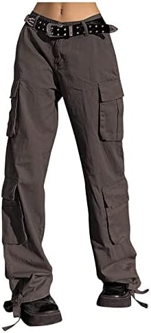 מכנסי נשים רוכסן כפתור כלפי מעלה מכנסי מכנסי מטען מכנסיים בעלי עלייה נמוכה טרקלין מכנס ישר מישור עם כיסים