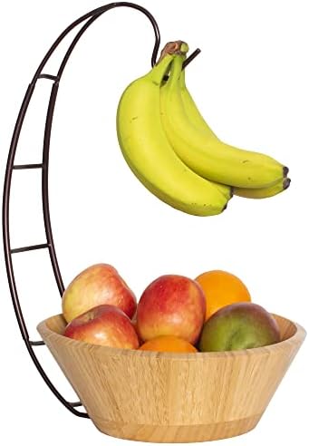 קערת סל פירות במבוק לחלוטין עם מחזיק בננה וו תלייה, קערת פירות עץ במבוק לדלפק מטבח