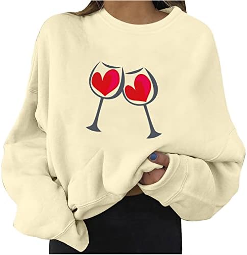 סווטשירט סווטשירט ליום האהבה לנשים יין אדום זכוכית אדום חולצה להדפסת רגלן שרוול ארוך עליון סוודר