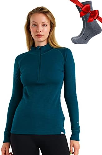 Merino.Tech Merino Wool Layer Layer נשים - מרינו חצי סוודר סוודר אמצע, חולצות תרמיות במשקל