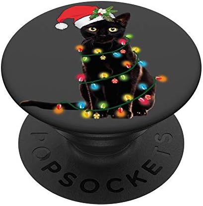 סנטה חתול שחור הסתבך באורות חג המולד קופצים אוחזים ועומדים לטלפונים וטבליות