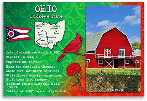 מערך גלויה של עובדות מדינת אוהיו של 20 גלויות זהות. כרטיסי פרסם עם עובדות OH וסמלי מדינה. מיוצר בארהב.