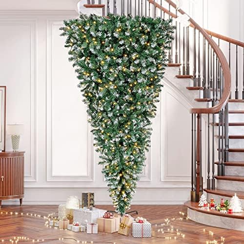 עץ חג מולד ירוק הפוך עם דגל אמריקאי 3x5 ft, עץ חג המולד עם אורות לבנים חמים LED, עלים ירוקים