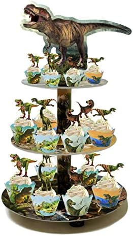 Mabaoluo 3tier דינוזאור קאפקייקס דוכן עוגת עוגת פרימיום אקרילית תצוגה עגול עגול עגול פארה - אידיאלי לנושא הדינוזאור,