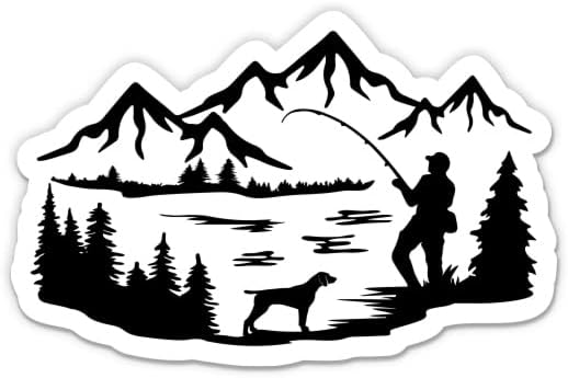 דיג עם מדבקה לכלבים - מדבקת מחשב נייד 3 אינץ ' - ויניל אטום למים לרכב, טלפון, בקבוק מים - מדביות הרים