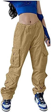 מכנסי מטען מכנסיים בעלי עלייה נמוכה כפתור רוכסן מכנס מכנסיים טרנדי רגל ישרה עם מכנסי כיסים