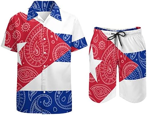 אנשי דגל פייזלי וקובני 2 חלקים הוואי הגדר מכפתור חולצות שרוול קצר מכנסי חוף מכנסיים רופפים טייס