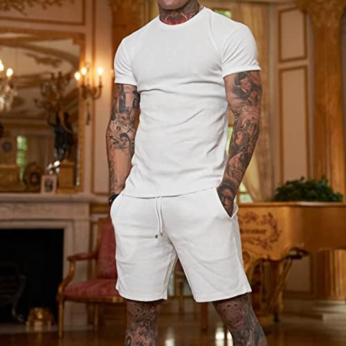 תלבושות של שני חלקים לגברים קיץ 2 חלקים מכנסיים קצרים חולצות טלאים בקיץ עם כיסים מכנסיים קצרים שרוול שרוול
