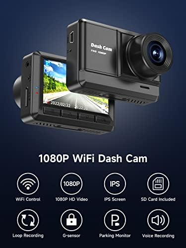 CASH CAM, FHD 1080P WIFI DASH מצלמה למכוניות עם כרטיס SD 32GB, מסך IPS בגודל 2.45 אינץ ', 2 דרכי
