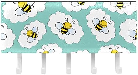 דבורים חמודות צהובות עננים לבנים מארגן מתלים כחול עם 5 ווים מדף מדף מטבח קיר מדף אחסון רב -פונקציונלי
