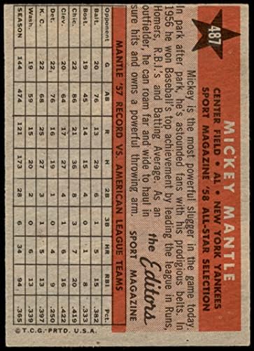 1958 Topps 487 All-Star Mickey Mantle New York Yankees Ex Yankees