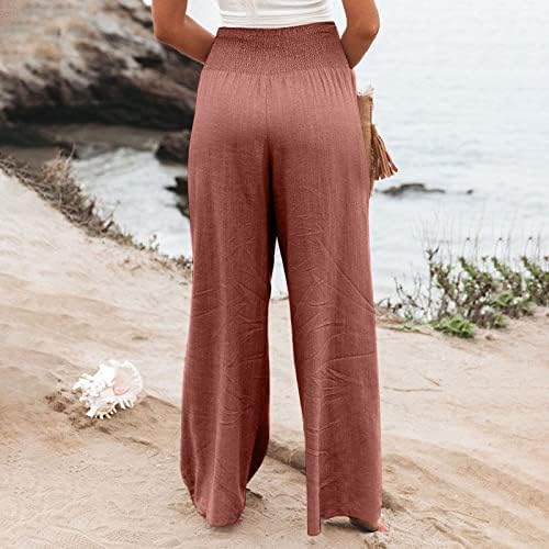 מכנסי iaqnaocc לנשים, פשתן כותנה נוחה רגל רחבה במותניים במותניים גבוהות מכנסיים עם כיסים