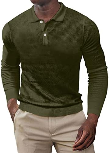 XXBR וופל סרוג חולצות פולו לגברים, סתיו שרוול ארוך כפתור בצבע אחיד חולצת הנלי צווארון דש צווארון גולף