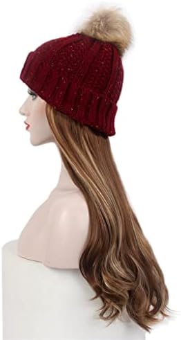 אופנה אירופאי ואמריקאי גבירותיי שיער כובע אחד אדום סרוג כובע פאה ארוך מתולתל חום פאה וכובע אחד