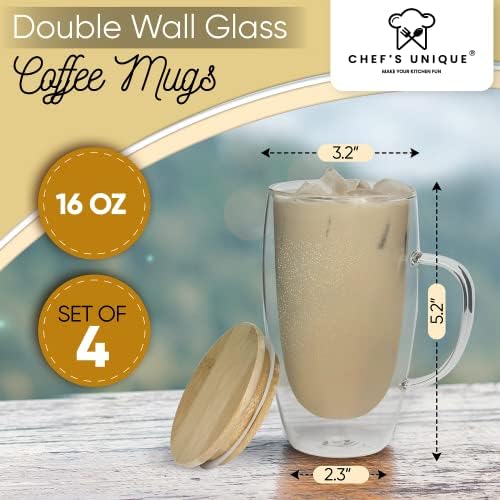 ספלי קפה מזכוכית עם קירות כפולים של שף ספלי קפה מבודדים ייחודיים עם ידית ומכסה במבוק, כוסות זכוכית שקופות