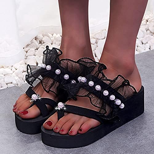 נעלי בית לנשים חיצוניות עמיד למים פרל תחרה מזדמנים פלטפורמת אופנה אופנה כפכפי קיץ מקורה פלטפורמת סנדלי סנדלים שחורים