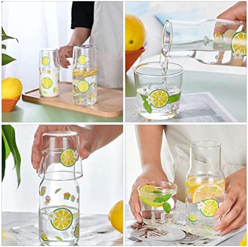 המיטה מים סט 2 סטים ברור זכוכית כד זכוכית מים קומקום עם כוס לימון דפוס משקאות כד כד קר מים בקבוק