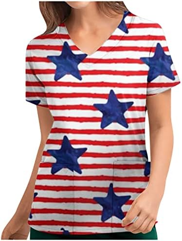 צמרות קרצוף 4 ביולי לנשים ארהב דגל הדפס חופשה סיעוד עליונה של חולצות יום עצמאות אמריקאיות עם כיסים