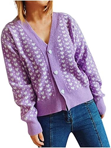 נשים סרוג מעיל קרדיגן אופנה הדפסת לב שרוול ארוך סוודר חולצות כפתור למטה חולצות יבול סרוג