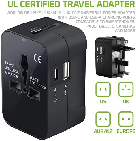 Travel USB פלוס מתאם כוח בינלאומי תואם ל- Lava Iris 405+ עבור כוח עולמי לשלושה מכשירים USB Typec,
