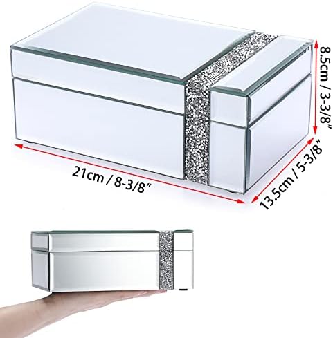 קופסת תכשיטים מראות מזכוכית Juxyes עם עיצוב רצועת יהלומים כתושה, ארגון תיבת תלת -תלת -משטח מארגן אוצר חזה