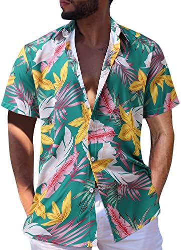 חולצות הוואי של Ubst Mens, שרוול קצר בקיץ כפתור הדפס פרחוני טרופי למטה כושר רגוע בכושר חוף חוף אלוהה