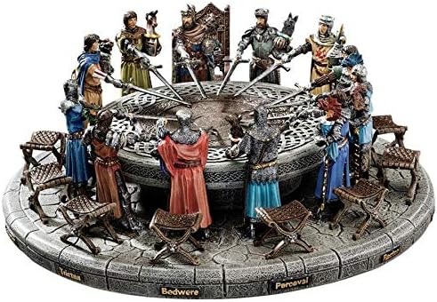 תכנן טוסקנו קינג ארתור ואבירי השולחן העגול סט פסלי ימי הביניים כולל 12 אבירים, 12 כסאות ותצוגת