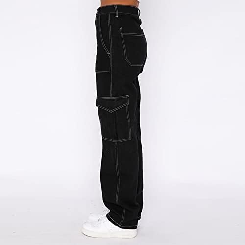 מכנסי מטען שחורים מכנסי מטען מכנסיים כפתור רוכסן מכנסי מכנסיים נמוך רגל רחבה רגל רחבה רגל ישרה