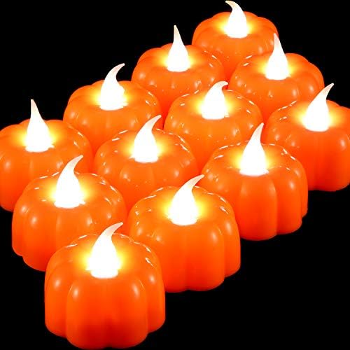 12 חתיכות חג ההודיה ליל כל הקדושים אורות תה דלעת קטנים נורות LED המונעות על סוללה אורות צהובים ענבר