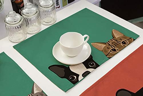 בולדוג כותנה פשתן מפיות סט של 6 חמוד כלב חתול מחמד דפוס אוכל שולחן מחצלות למטבח