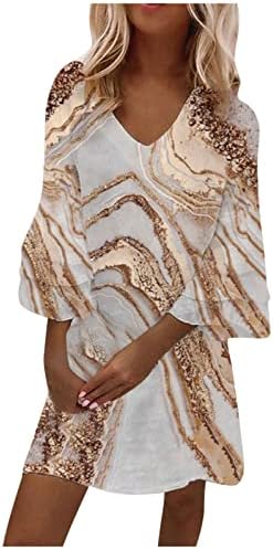טמפרמנט אופנה לנשים אלגנטי מודפס v-צווארון 3/4 שרוולים שמלת מיני