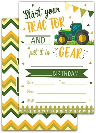הזמנות ליום הולדת עם מעטפות, סט של 20, הזמנת יום הולדת לטרקטור ירוק, ציוד קישוט לחגיגת מסיבות יום הולדת