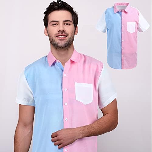 גברים של קולורבלוק קצר שרוול חולצות מין לחשוף ורוד כחול חולצות כיס קדמי כפתור למטה חולצה למעלה