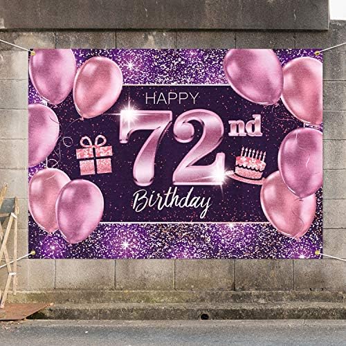 תפאורת באנר ליום הולדת 72 של פאקבום מאושרת - 72 קישוטים למסיבות יום הולדת ציוד לנשים - זהב סגול ורוד
