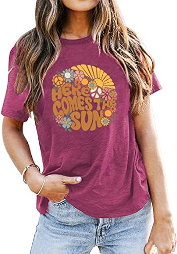 הנה בא השמש חולצה נשים קיץ שמש הדפסת חוף חולצות בציר חופשה קצר שרוול חולצה